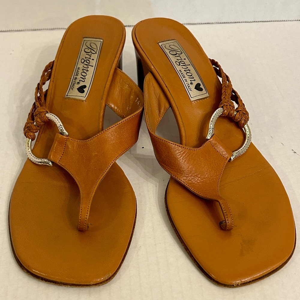 Brighton Tawny Leather Heeled Sandals in Camel Tan with Silver Hardware